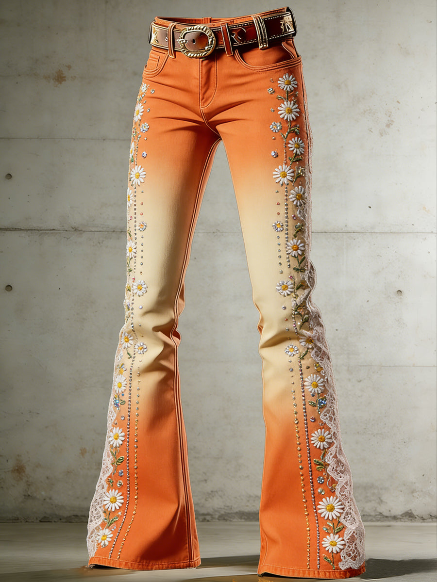 Women's Flower Art Print Flared Trousers