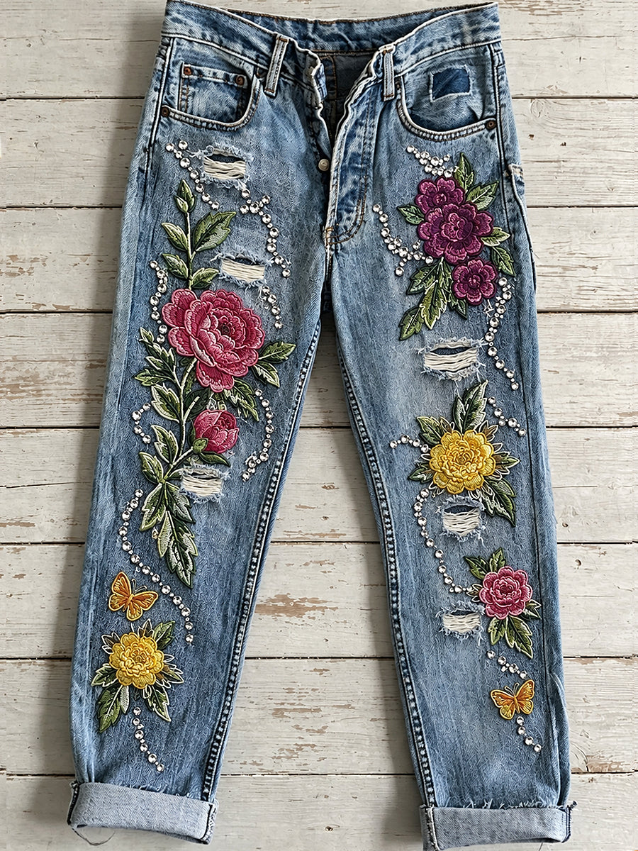 Women's Flower Art Print Jeans
