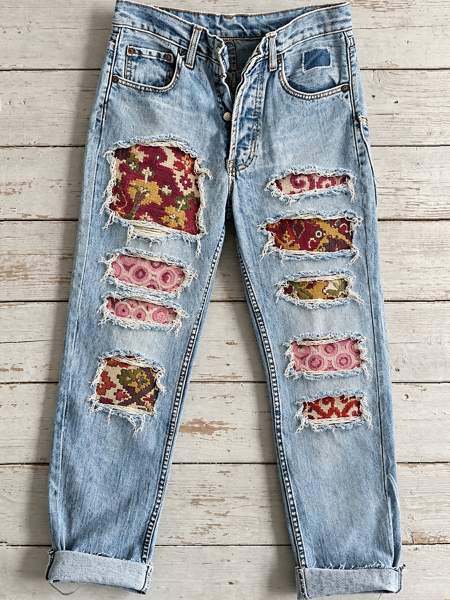 Women's Flower Art Print Jeans