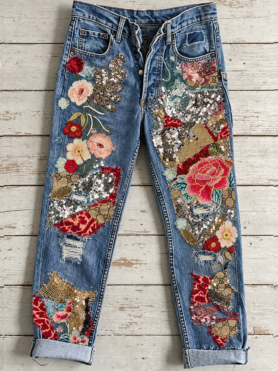 Women's Flower Art Print Jeans