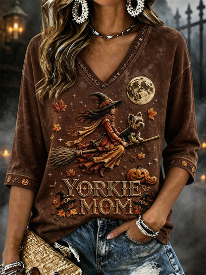 Women's Yorkie Mom Halloween Fall Witch & Dog Print Mid-length Sleeves V-Neck T-Shirt