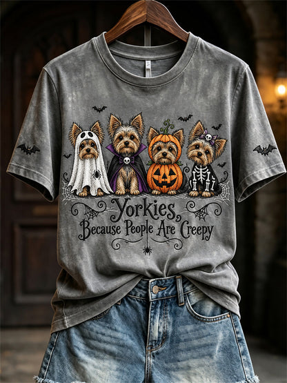 Women's Yorkies Because People Are Creepy Halloween Dogs Print short-sleeved T-shirt