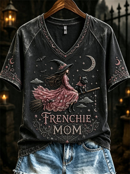 Women's Halloween Pink Witch Frenchie Mom Print short-sleeved T-shirt