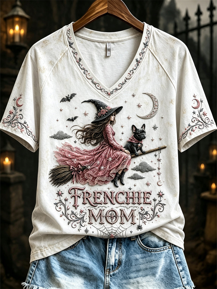 Women's Halloween Pink Witch Frenchie Mom Print short-sleeved T-shirt