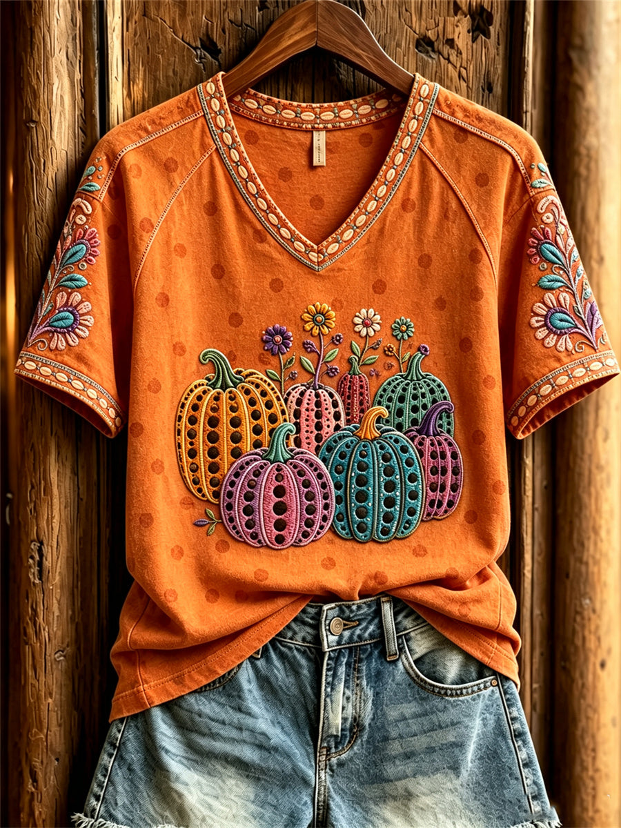 Women's Classic Fall Pumpkin Polka Dots Art Print short-sleeved T-shirt