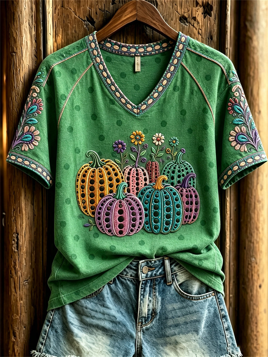 Women's Classic Fall Pumpkin Polka Dots Art Print short-sleeved T-shirt