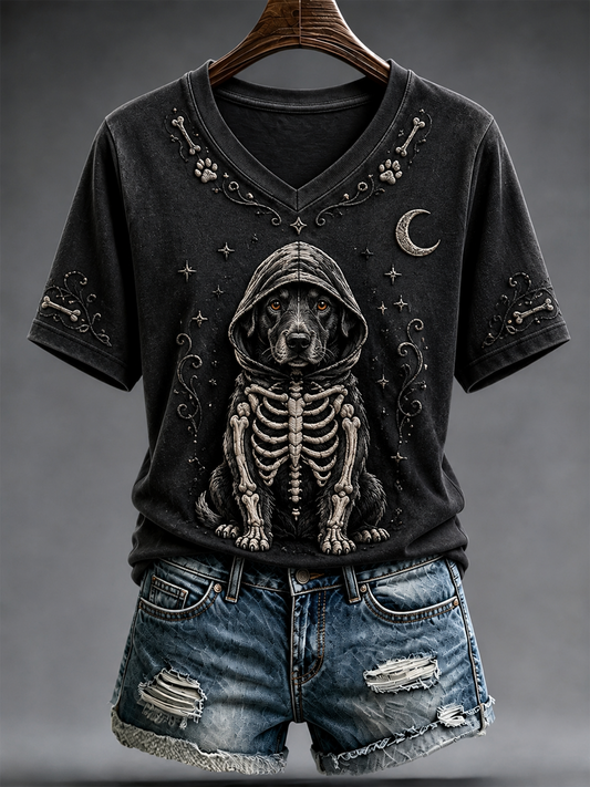 Women's Halloween dog print short-sleeved T-shirt