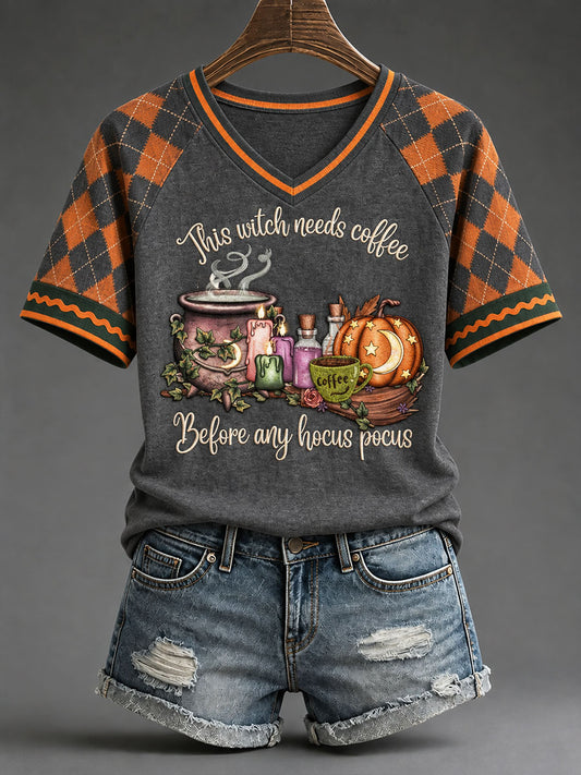 Women's "This Witch Needs Coffee Before Any Hocus Pocus" Halloween Graphic Casual T-Shirt