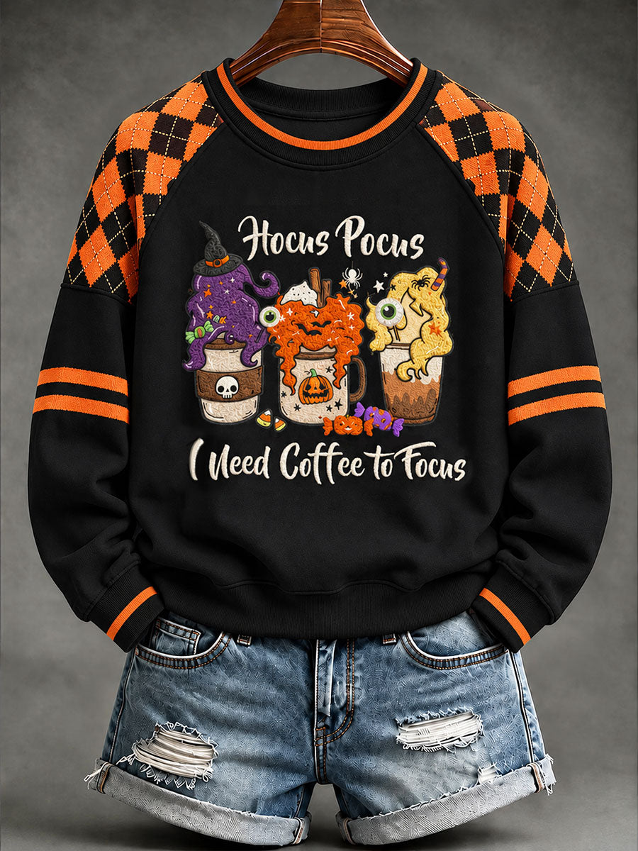 Women's " Hocus Pocus I Need Coffee To Focus" Halloween Graphic Casual Raglan Sleeve Sweatshirt