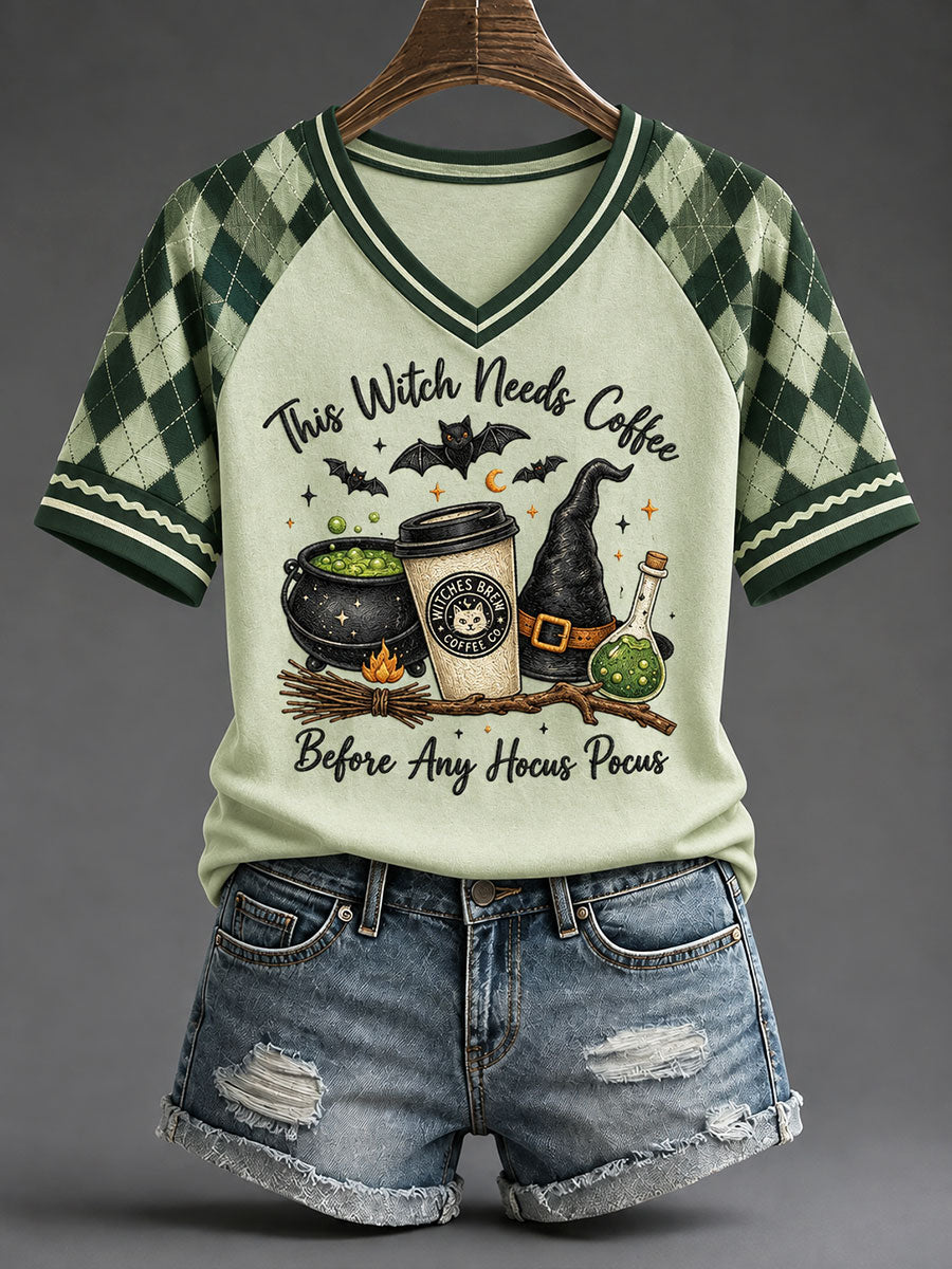 Women's "This Witch Needs Coffee Before Any Hocus Pocus" Halloween Graphic Casual T-Shirt