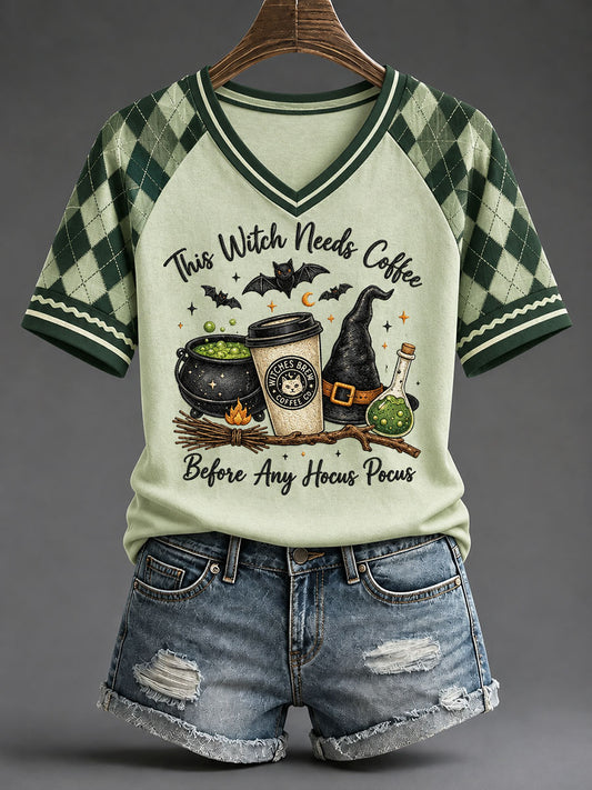 Women's "This Witch Needs Coffee Before Any Hocus Pocus" Halloween Graphic Casual T-Shirt