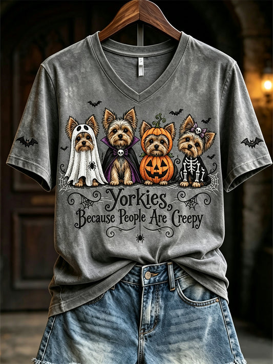 Women's Yorkies Because People Are Creepy Halloween Dogs Print short-sleeved T-shirt