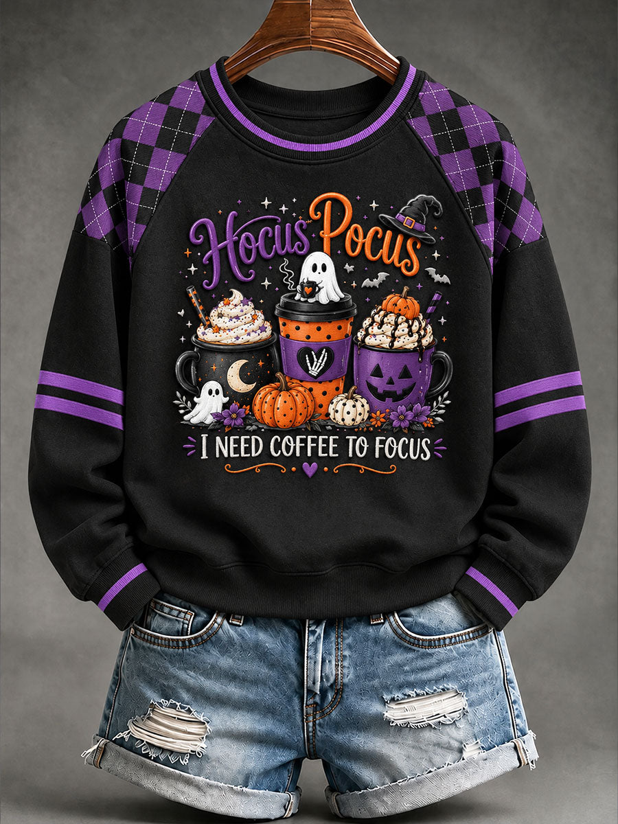 Women's " Hocus Pocus I Need Coffee To Focus" Halloween Graphic Casual Raglan Sleeve Sweatshirt