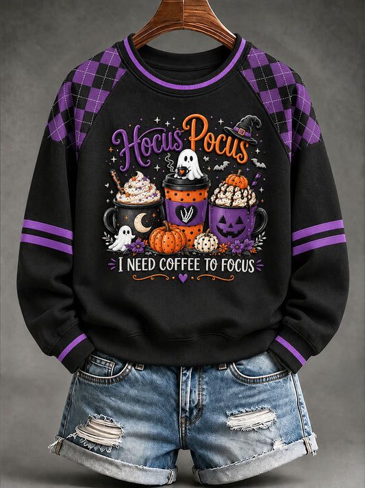 Women's " Hocus Pocus I Need Coffee To Focus" Halloween Graphic Casual Raglan Sleeve Sweatshirt