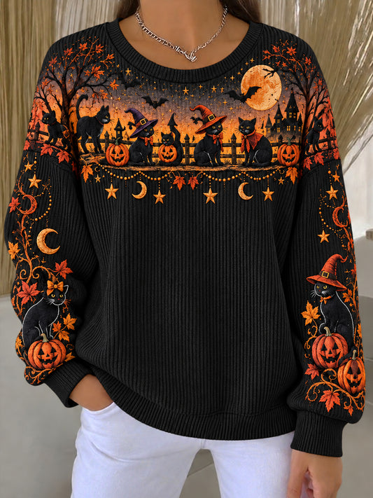 Women's Halloween Witch Cat Ribbed Round-Neck Sweatshirt