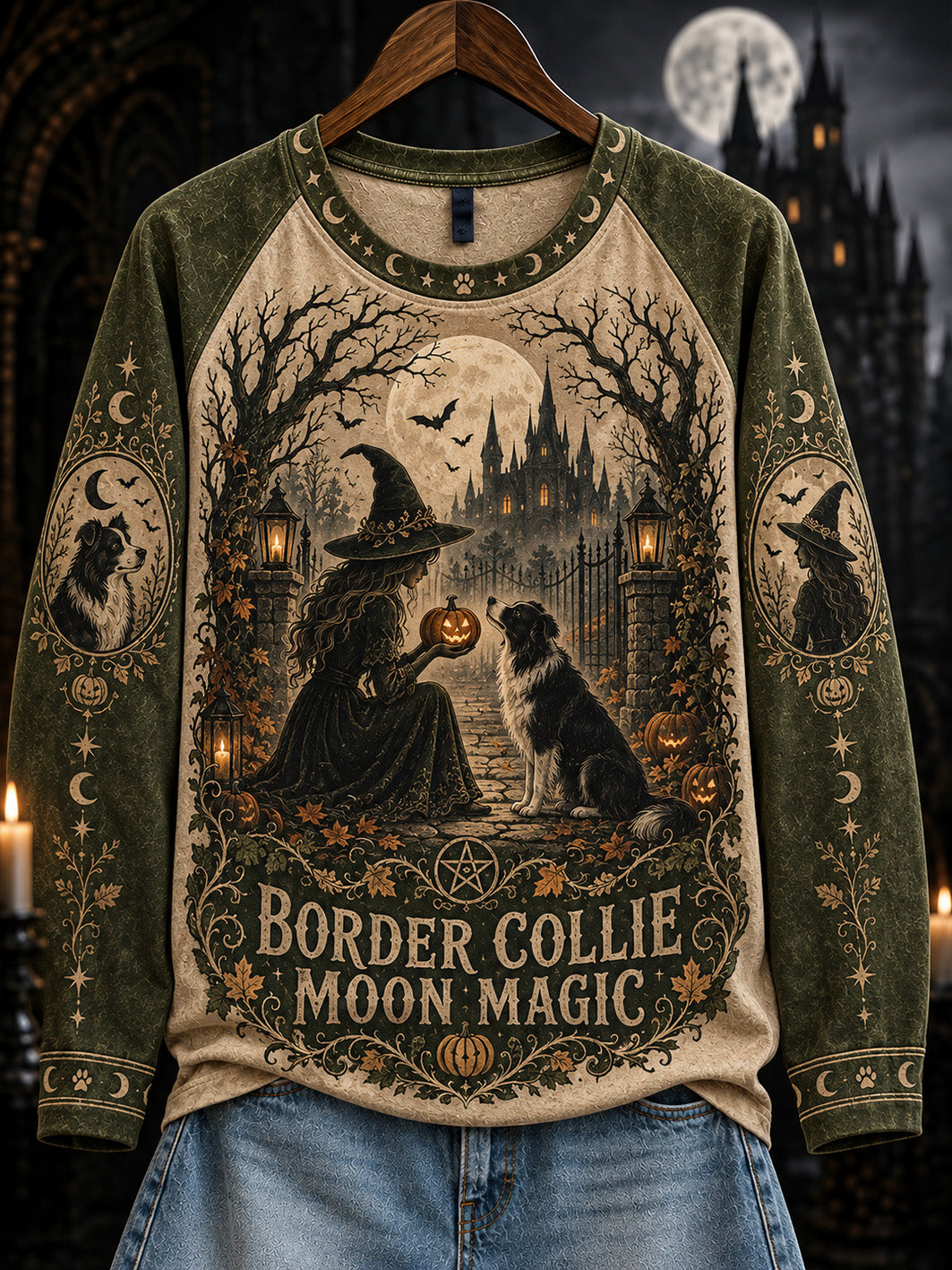 Women's Halloween Witch and Dog Pattern Leisure Long Sleeve T-Shirt
