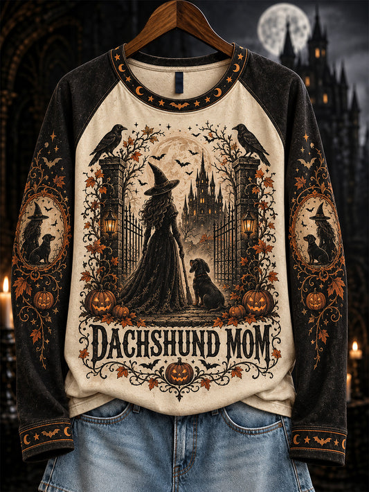 Women's Halloween Witch and Dog Pattern Leisure Long Sleeve T-Shirt