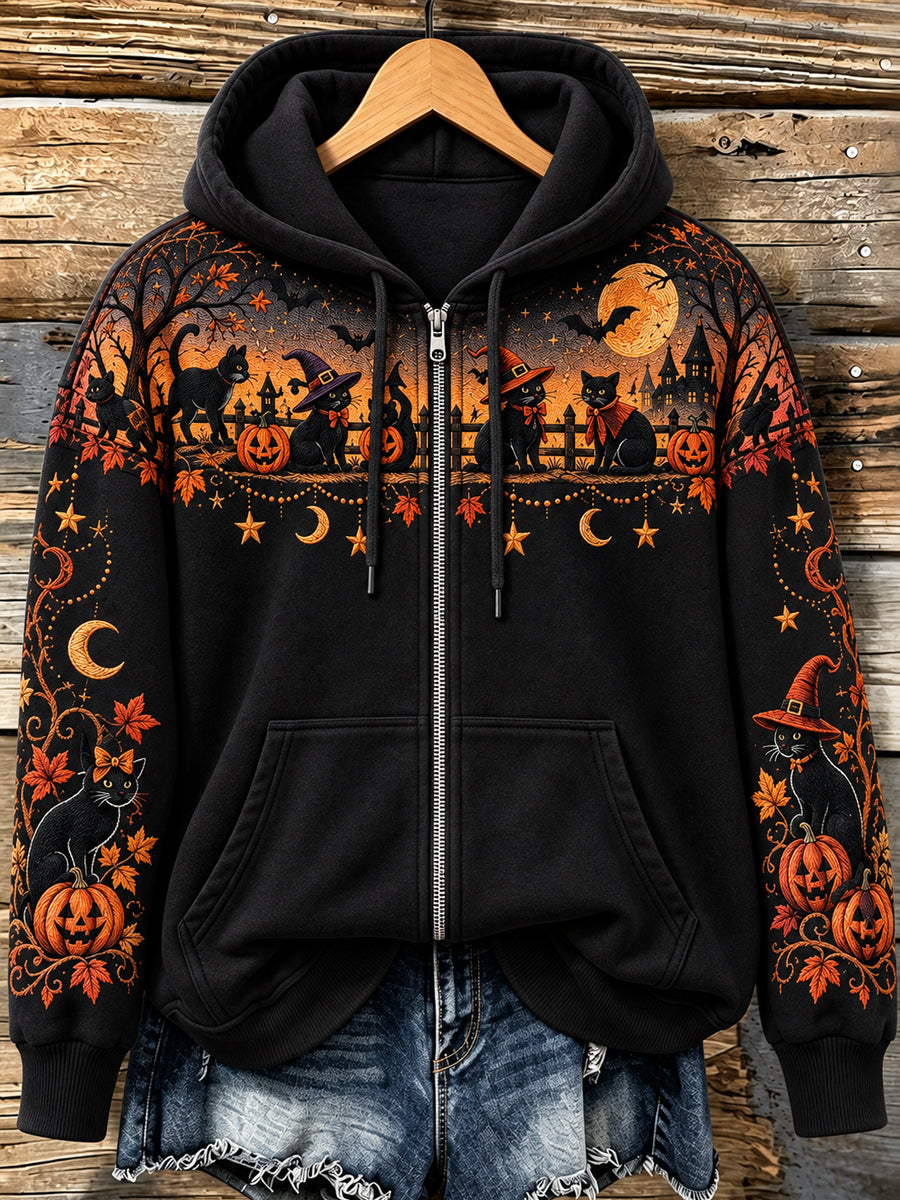 Women's Halloween Witch Cat   Zip-Up Hoodie