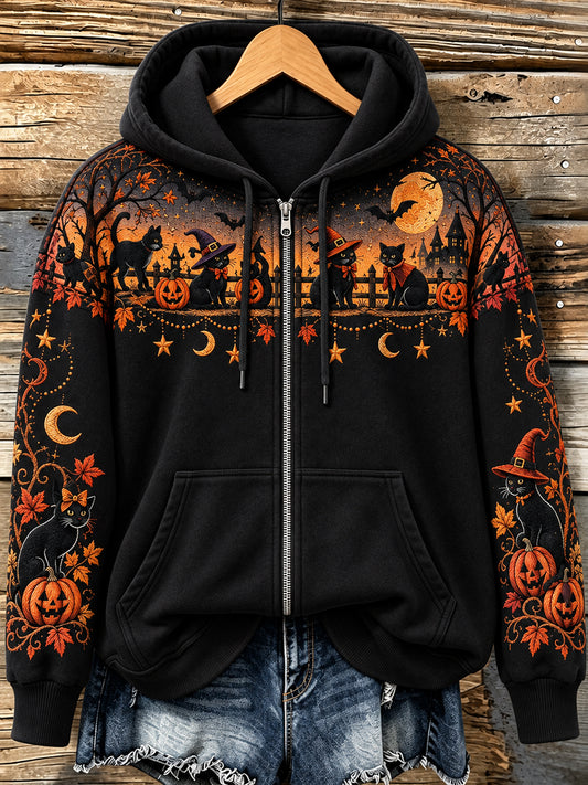 Women's Halloween Witch Cat   Zip-Up Hoodie