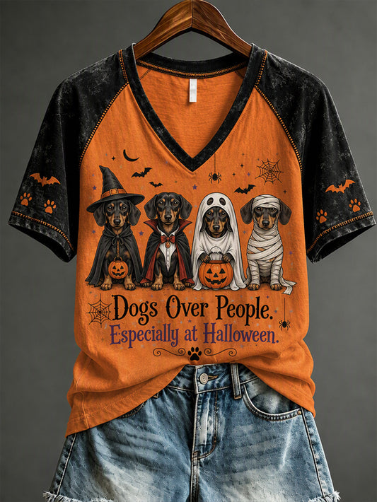 Women's Halloween Fun Dog Pattern Casual Short Sleeve T-Shirt