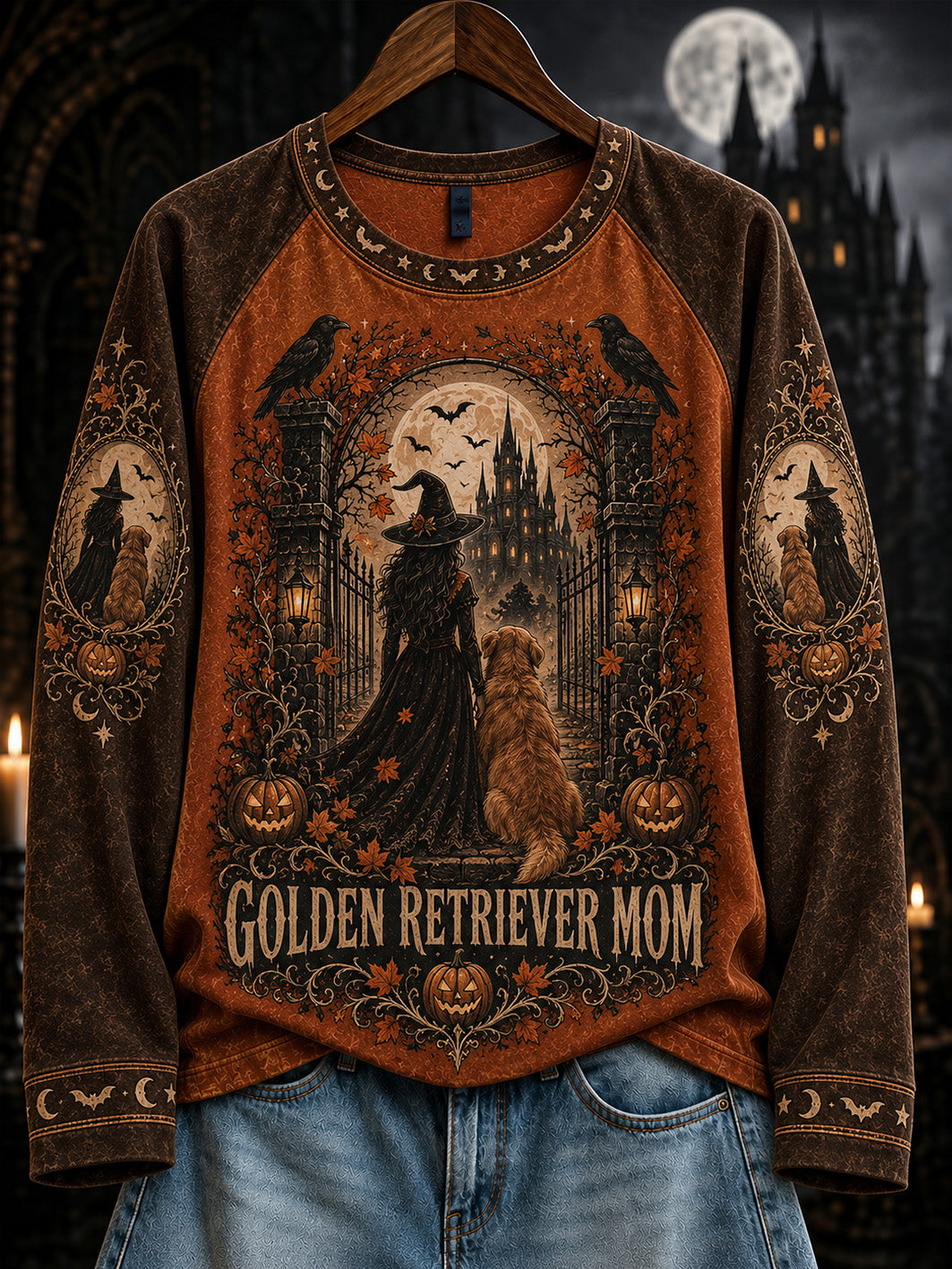 Women's Halloween Witch and Dog Pattern Leisure Long Sleeve T-Shirt