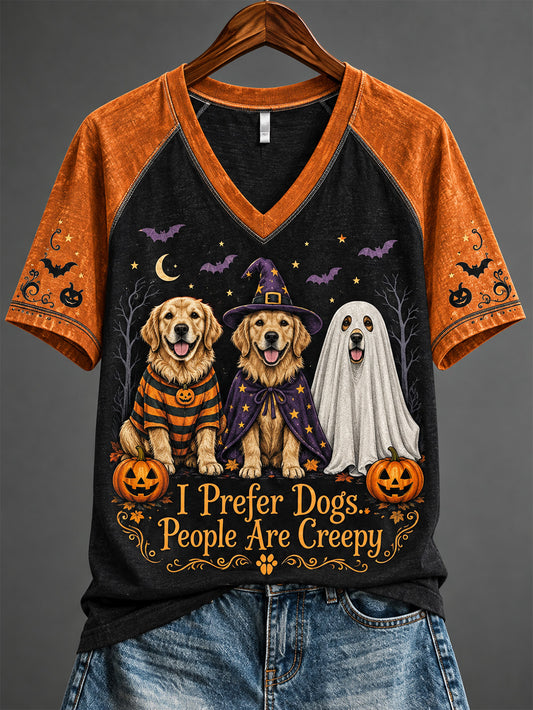 Women's Halloween Fun Dog Pattern Casual Short Sleeve T-Shirt