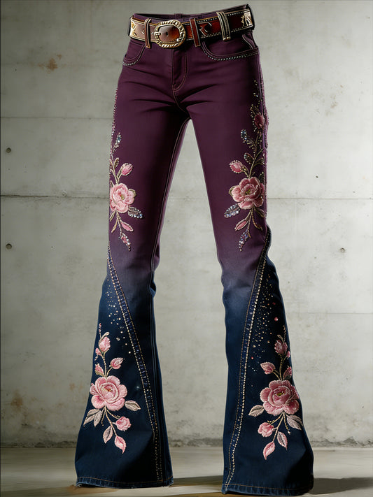 Women's Flower Art Print Flared Trousers