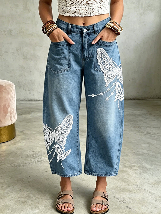 Women's Animal Butterfly Art Print Pocketing Trousers