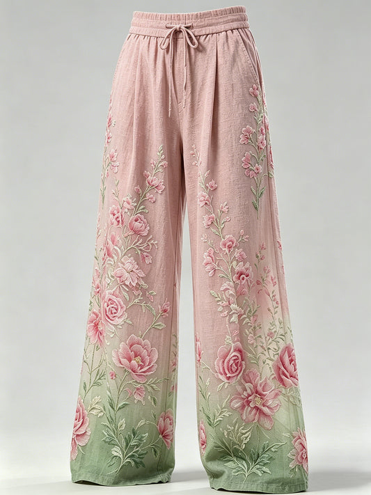 Women's Flower Art Print Drawstring Trousers