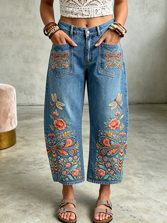 Women's Animal Dragonfly Art Print Pocketing Trousers
