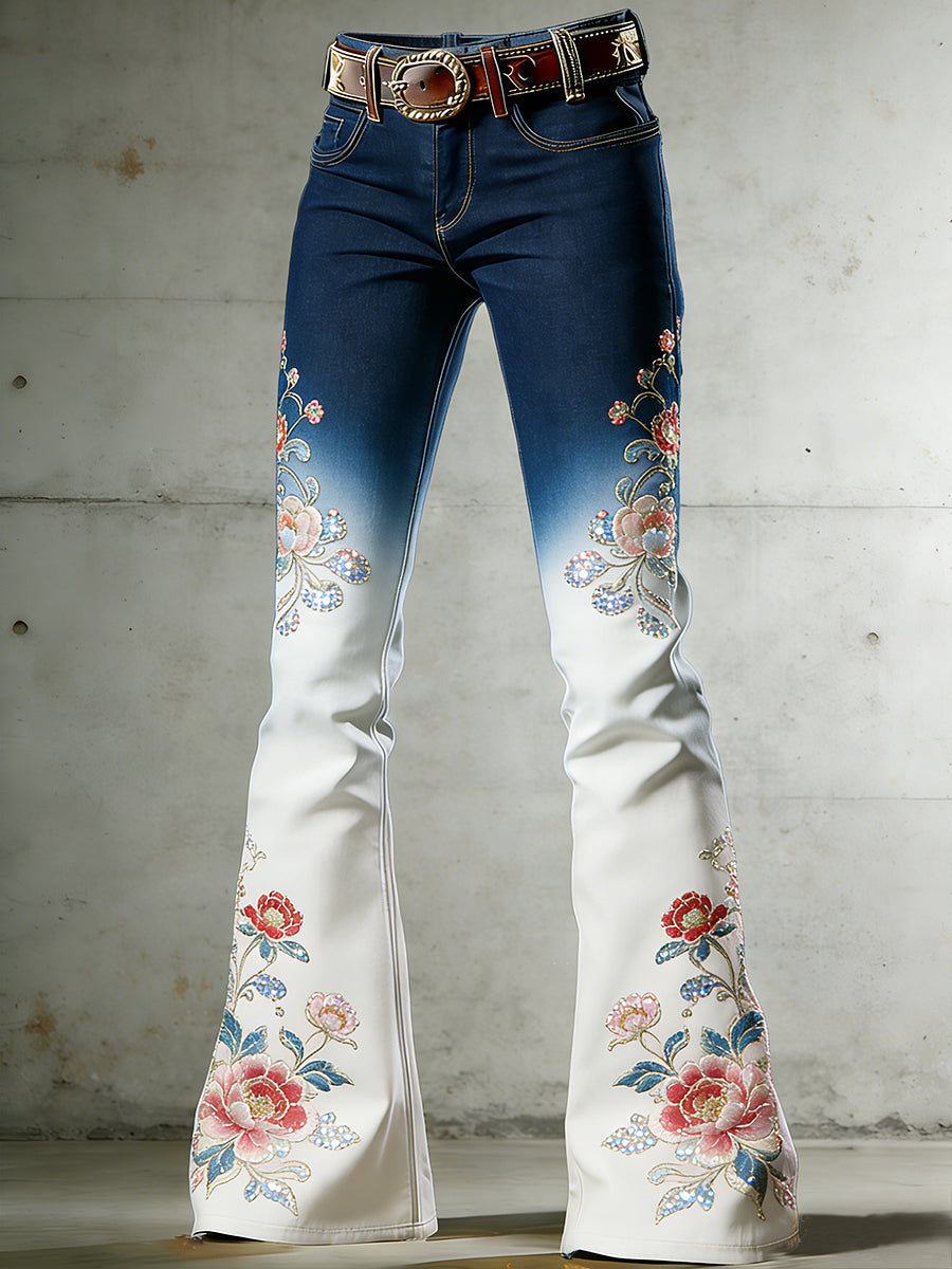 Women's Flower Art Print Flared Trousers