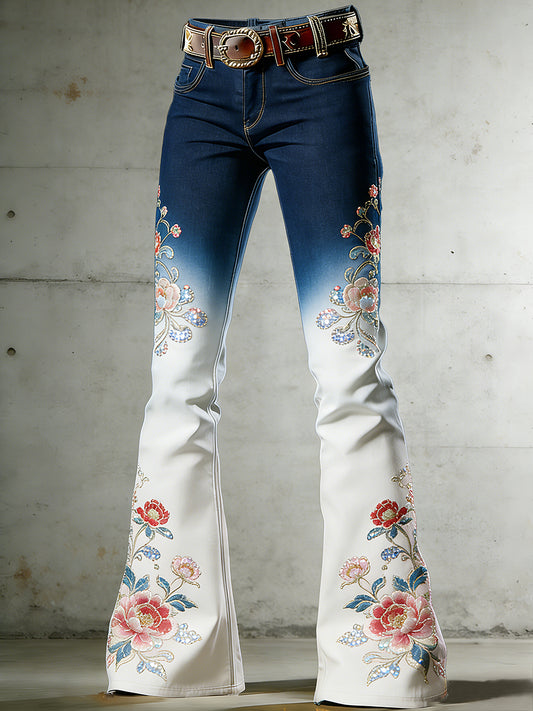 Women's Flower Art Print Flared Trousers