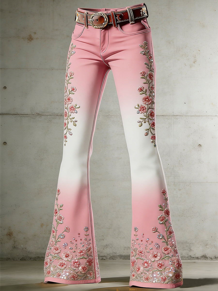 Women's Flower Art Print Flared Trousers