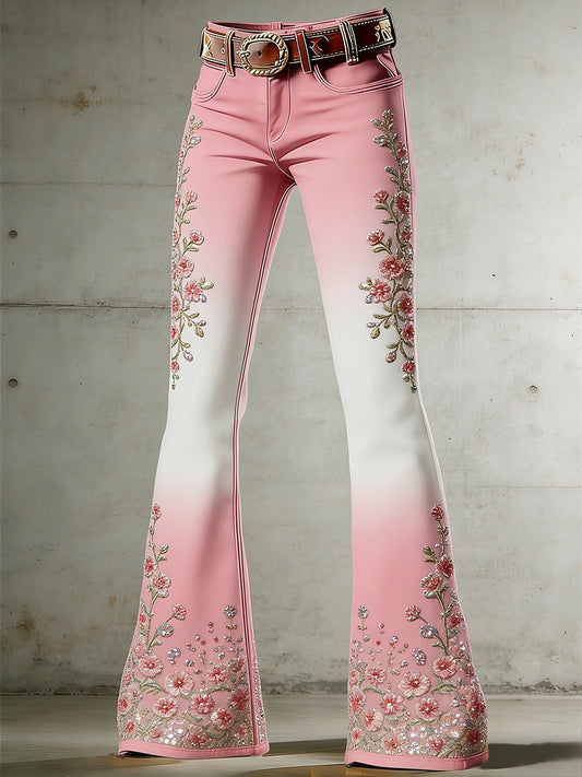 Women's Flower Art Print Flared Trousers