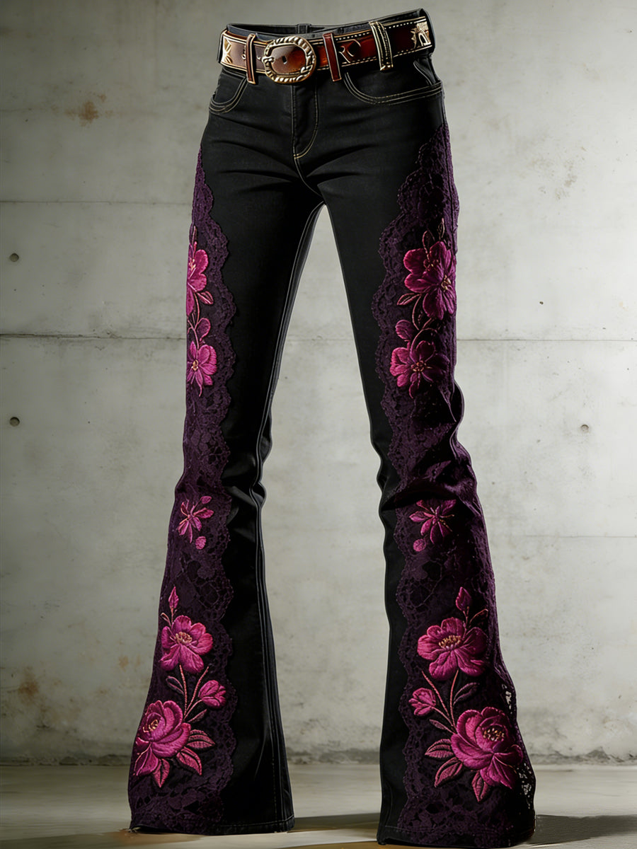 Women's Flower Art Print Flared Trousers