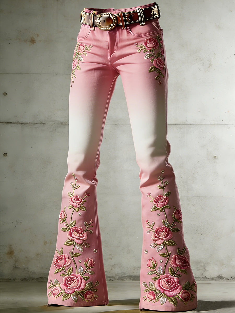 Women's Flower Art Print Flared Trousers