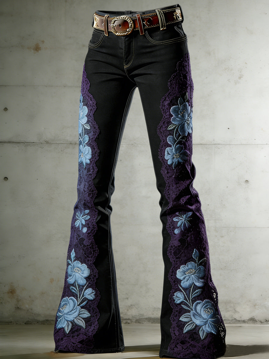 Women's Flower Art Print Flared Trousers