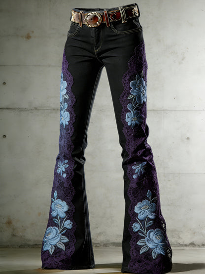 Women's Flower Art Print Flared Trousers