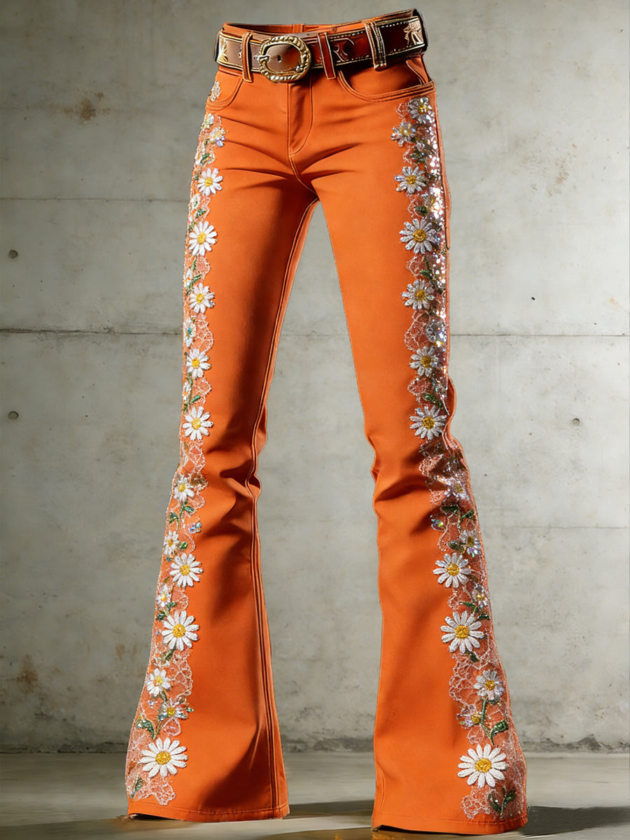 Women's Flower Art Print Flared Trousers