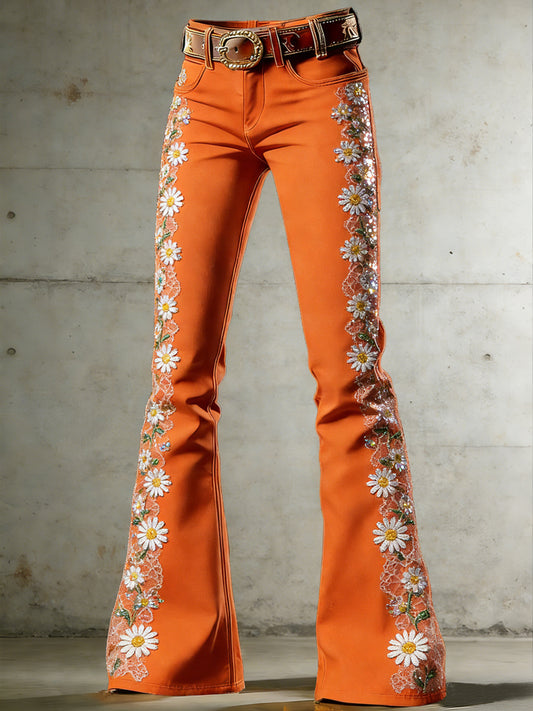 Women's Flower Art Print Flared Trousers