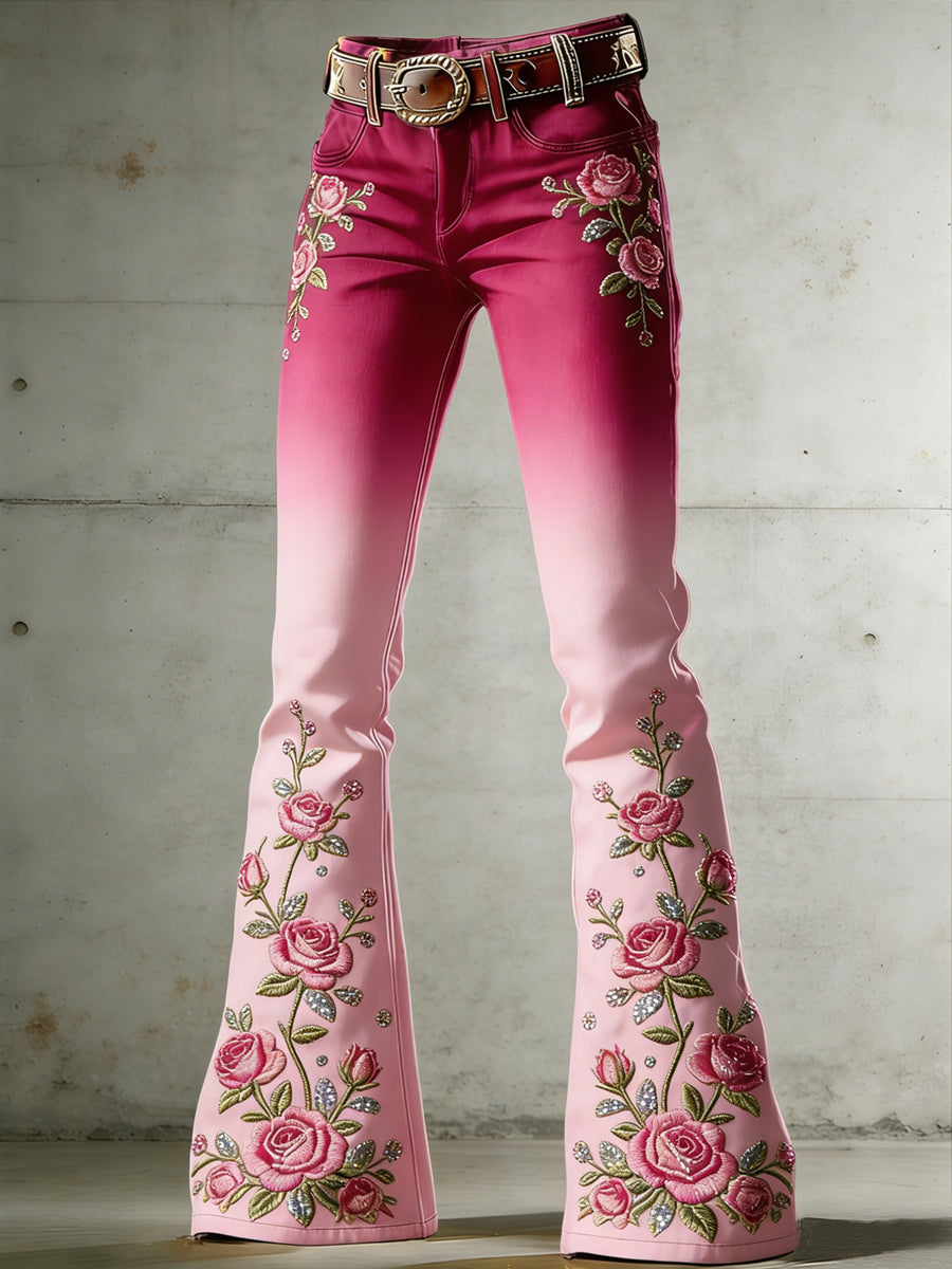 Women's Flower Art Print Flared Trousers