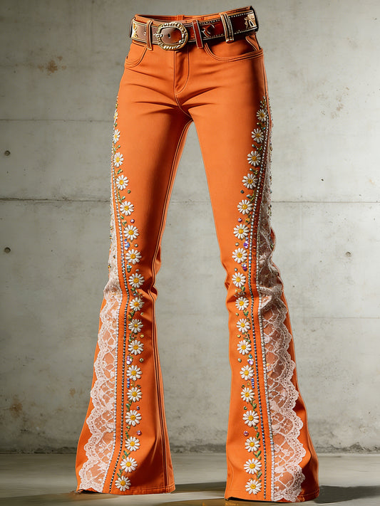 Women's Flower Art Print Flared Trousers
