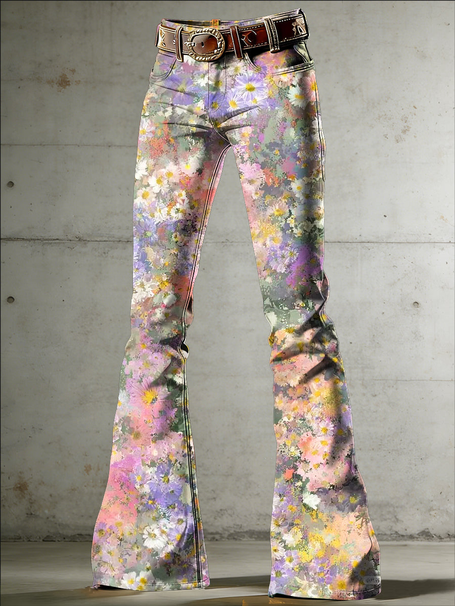 Women's Flower Art Print Flared Trousers