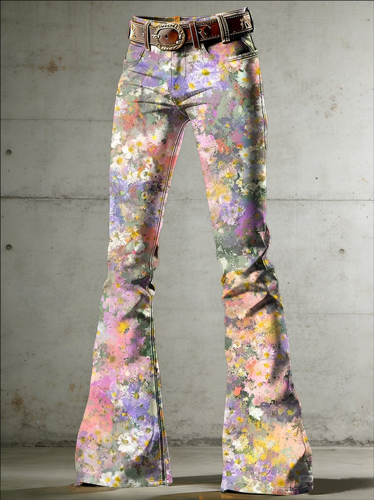 Women's Flower Art Print Flared Trousers