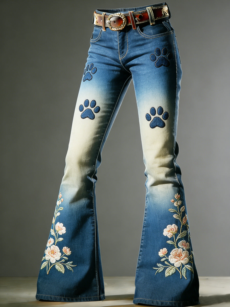 Women's Art Dog Paw Print Flared Trousers