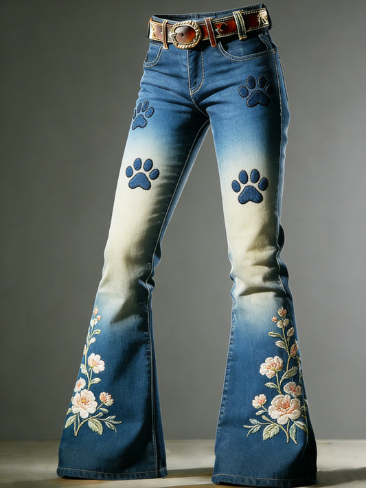 Women's Art Dog Paw Print Flared Trousers