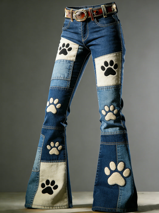 Women's Art Dog Paw Print Flared Trousers
