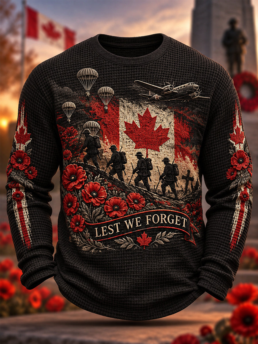 Men's Lest We Forget Canada Remembrance Day Poppy Print Waffle Long Sleeve T-Shirt