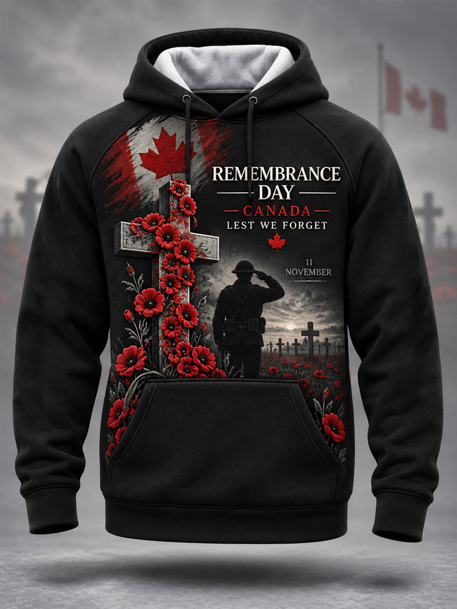 Men's Lest We Forget Canada Remembrance Day Poppy Print Hoodie