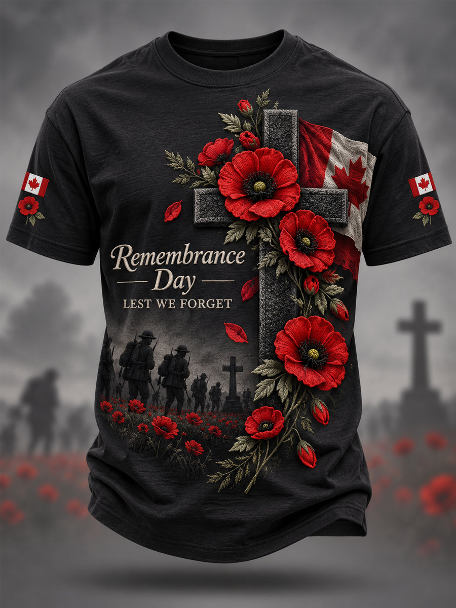 Men's Lest We Forget Canada Remembrance Day Poppy Print Tee